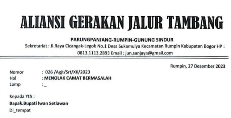Masyarakat Rumpin Tolak Penempatan Camat Bermasalah, AGJT Ungkap Dampak Negatif Tambang